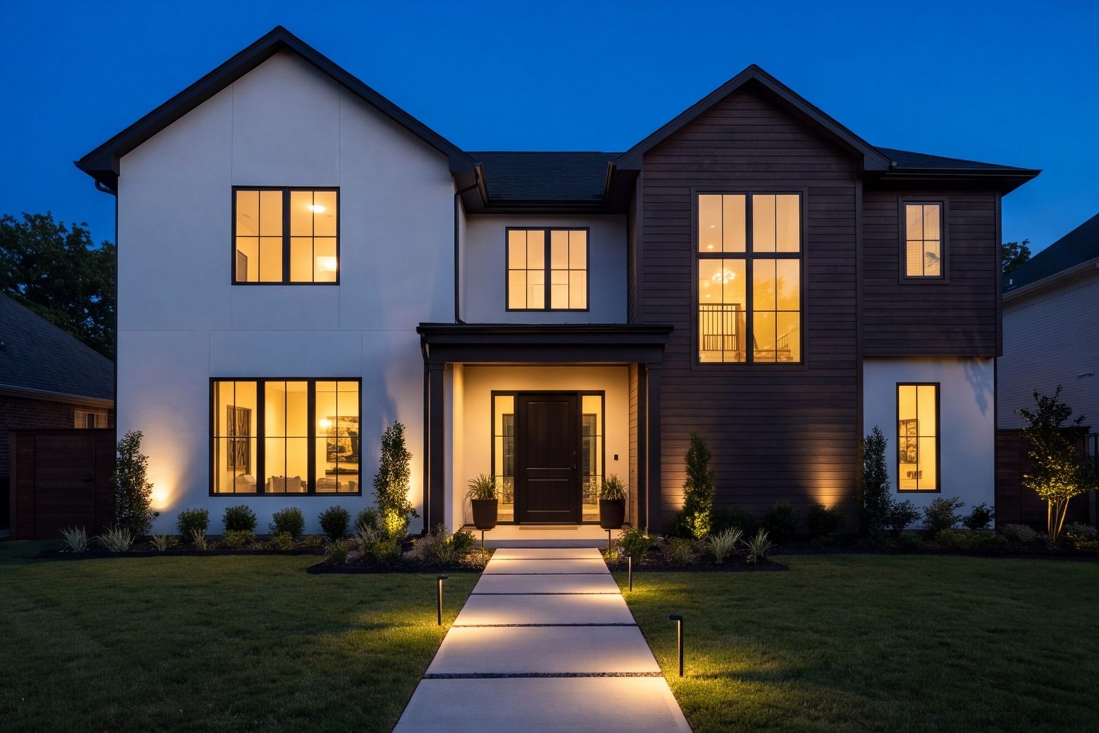 Remodeled home exterior at dusk with new front walk in Highland Park