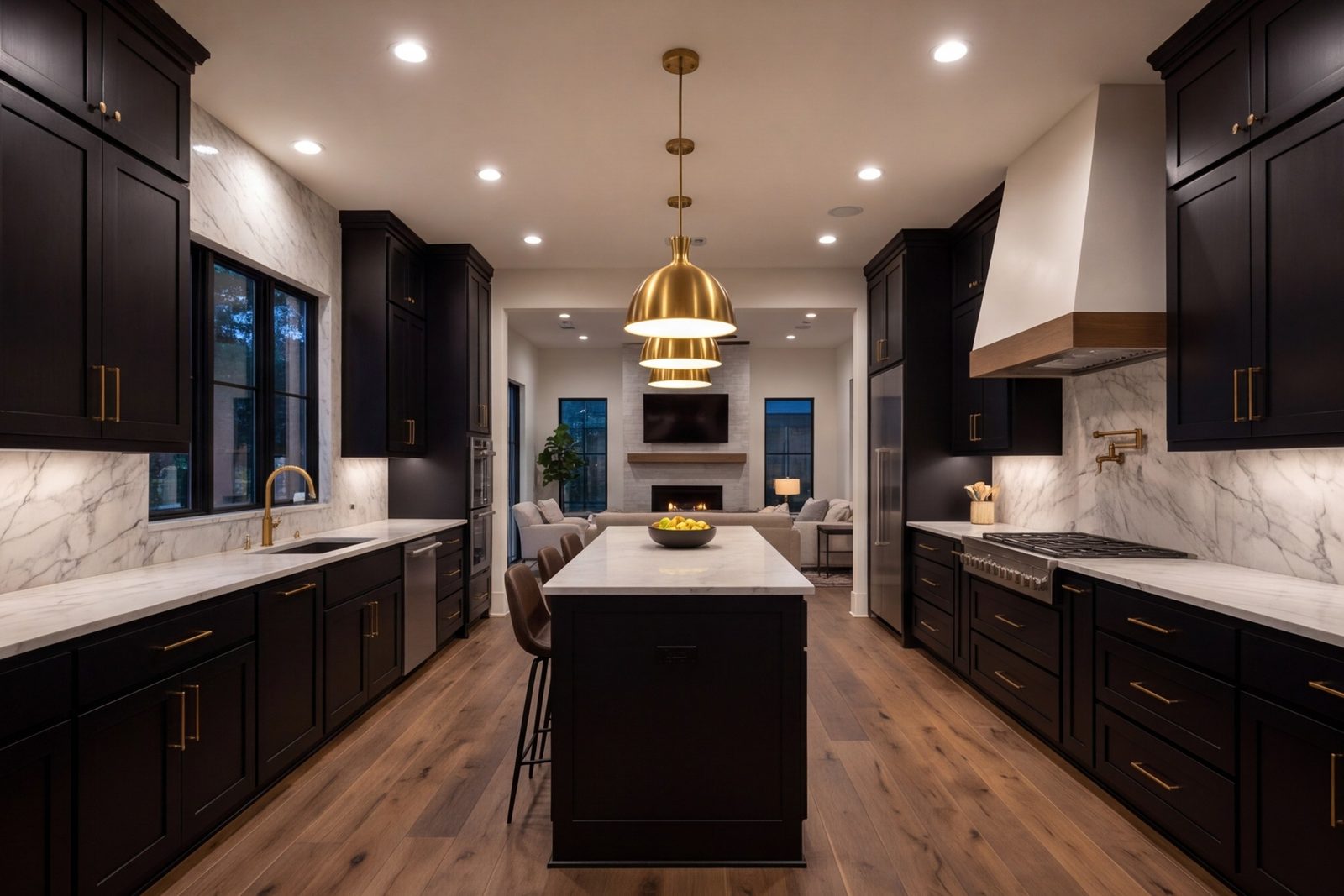 Galley kitchen opened to the family room on Monroe Drive