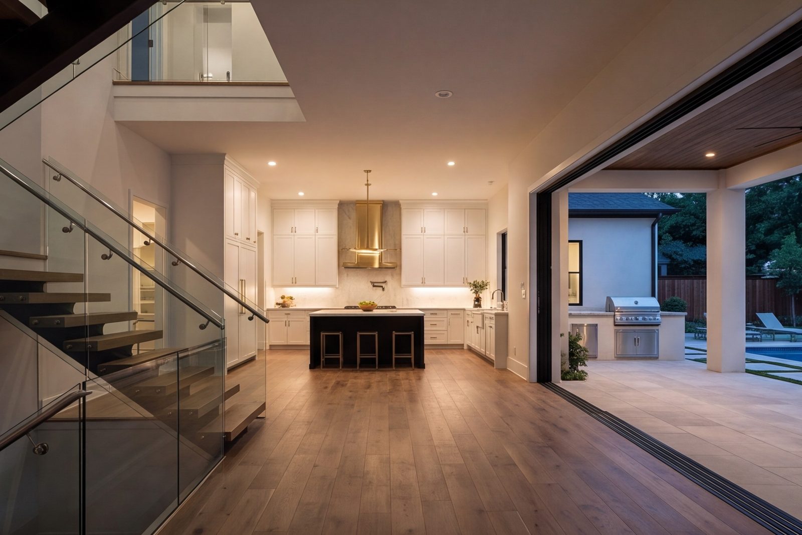 Whole-home remodel, open plan from the entry through the kitchen to the yard