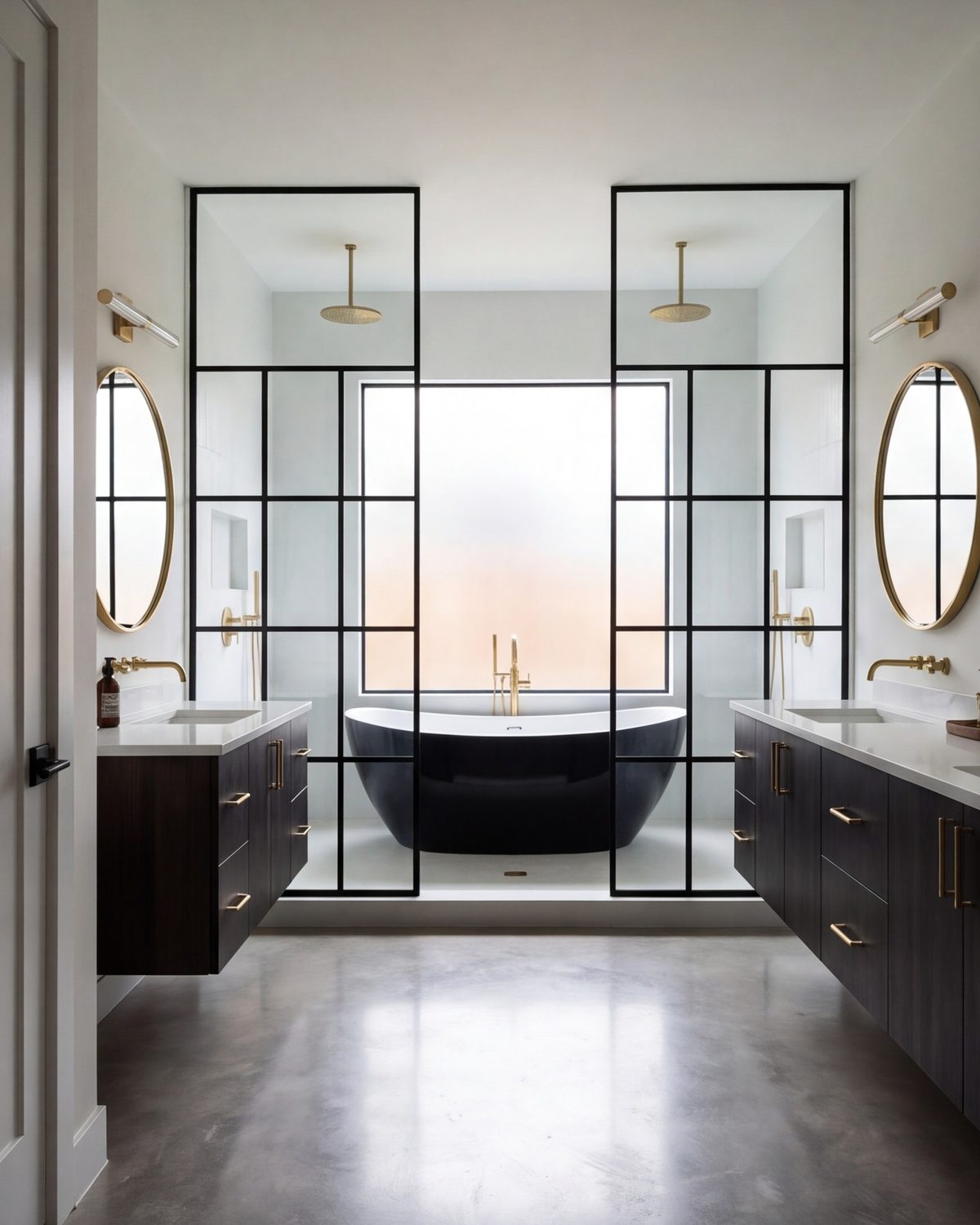Primary bathroom with a freestanding tub and walk-in shower seen from the doorway